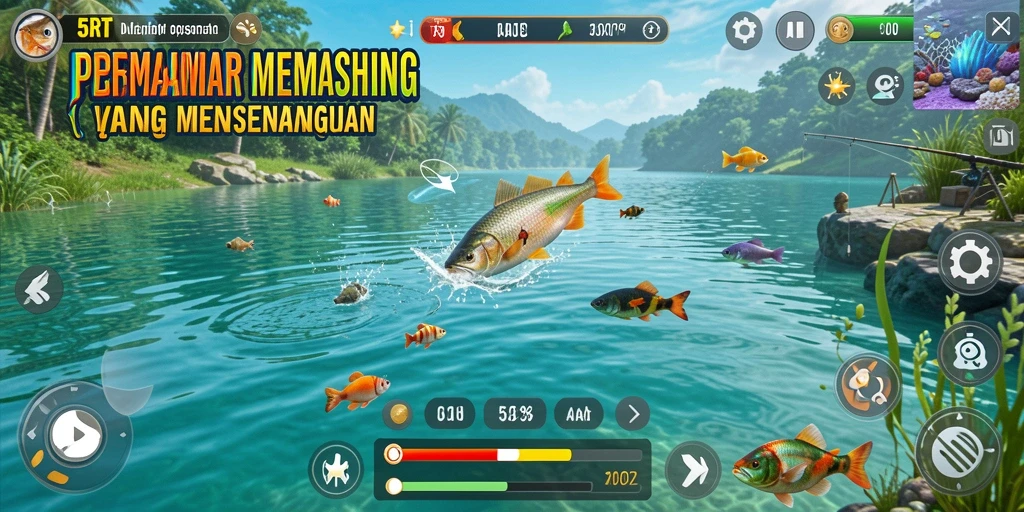 Screenshot 5RT menampilkan aksi memancing yang seru di lokasi indah.