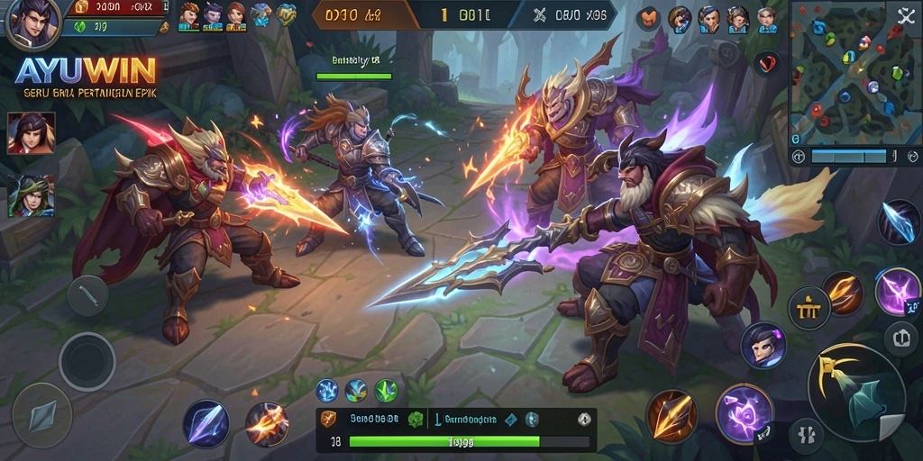 Tangkapan layar utama dari AYUWIN menampilkan aksi epik dalam gameplay MOBA.