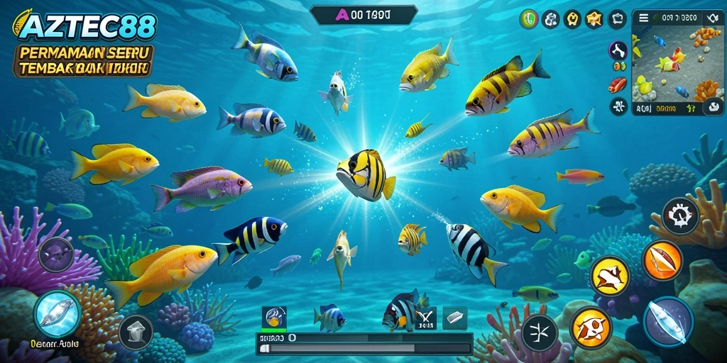 Screenshot gameplay AZTEC88 menampilkan aksi menembak ikan yang seru.