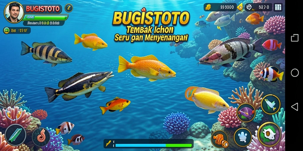 Tangkapan layar utama gameplay BUGISTOTO yang menunjukkan aksi menembak ikan.