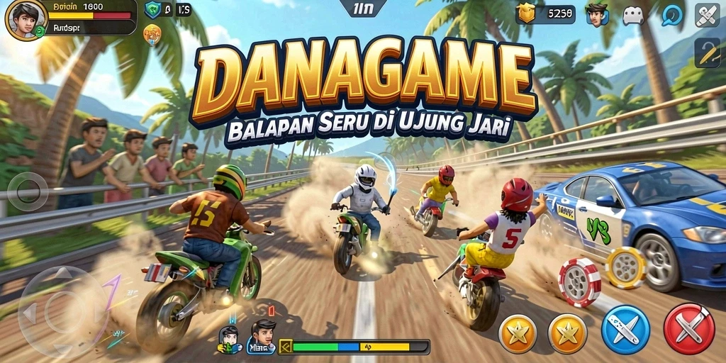 Screenshot gameplay DANAGAME menampilkan balapan yang mendebarkan dan mobil kustomisasi.