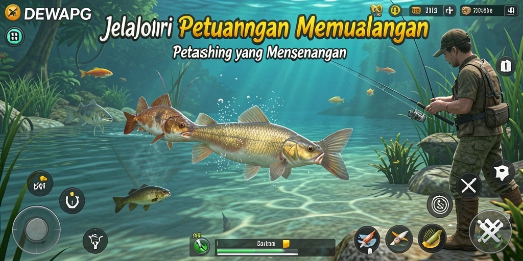 Gameplay DEWAPG yang menampilkan aksi memancing yang seru.