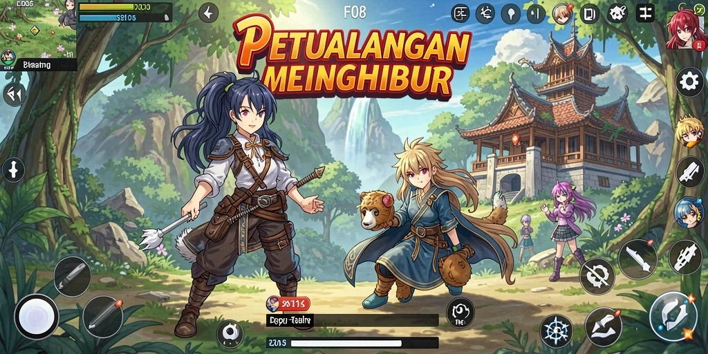 Screenshot dari gameplay F08 menunjukkan karakter anime yang menarik dan aksi epik.