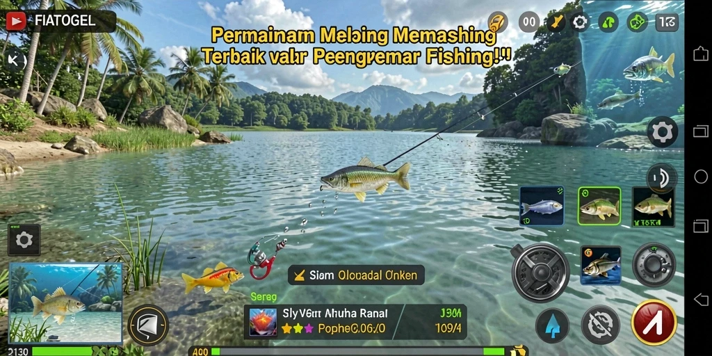 Screenshot gameplay <strong>FIATOGEL</strong> menunjukkan keseruan memancing di lokasi yang indah.