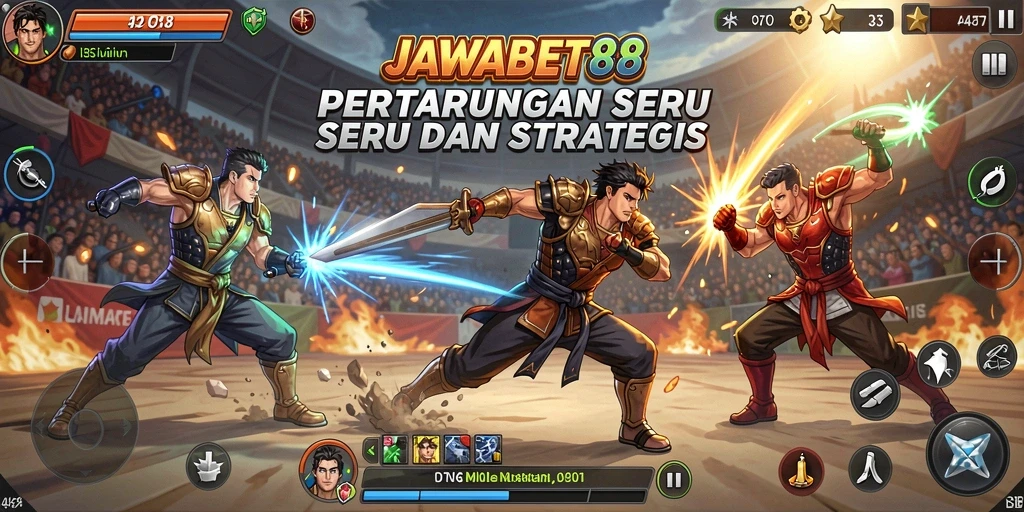Screenshot gameplay <strong>JAWABET88</strong> menampilkan pertarungan seru dan karakter yang mendebarkan.