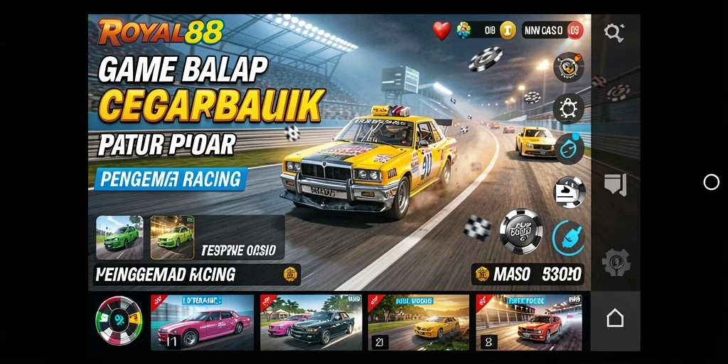 Gameplay seru ROYAL88 dengan mobil balap yang cepat.