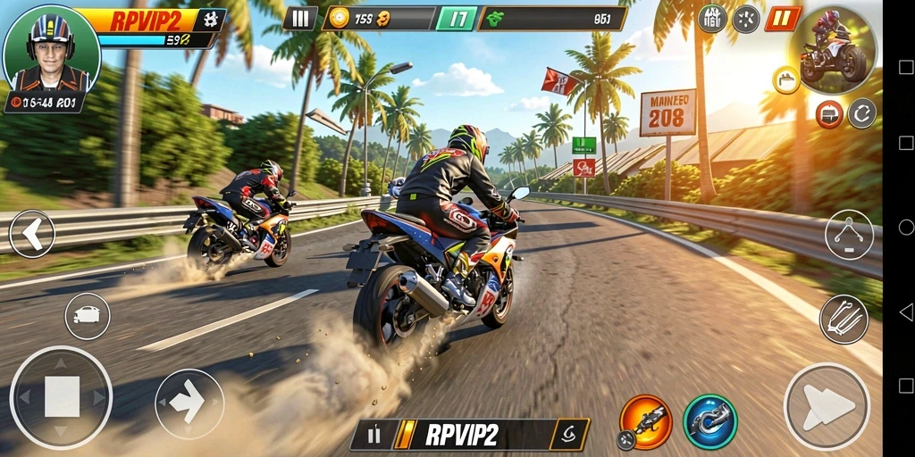 Gameplay RPVIP2 yang mendebarkan dan penuh aksi balapan motor.
